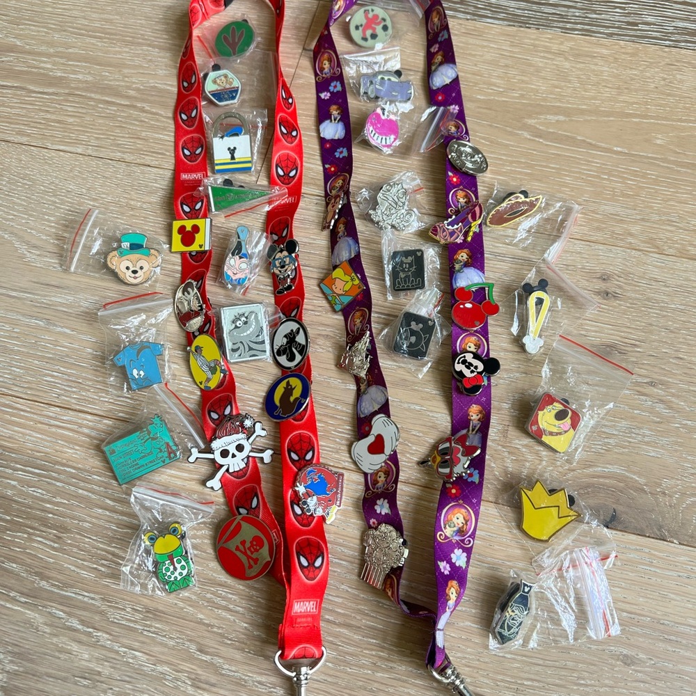 Disney Pin Collection with Spider-Man and Sofia the First Lanyards